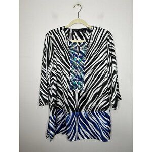 Black Label by Chico's Beaded Women Blue 3/4 Sleeve Blouse Top Size 0 Small